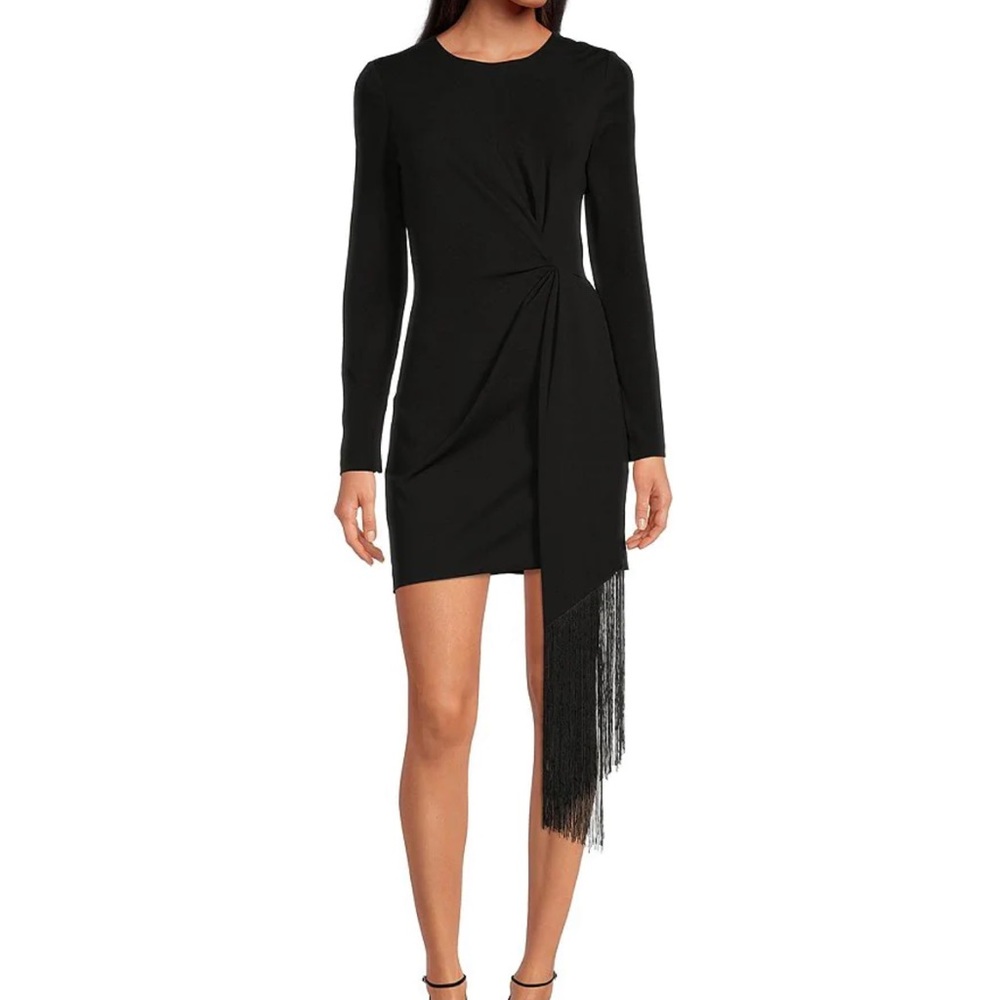 Belle Badgley Mischka Harley Crepe Fringe Crew Neck Long Sleeve Bodycon Dress